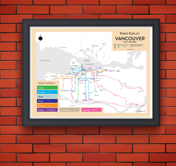 Vancouver, BC historical streetcar system map, 1945