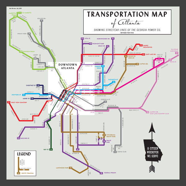 Atlanta streetcar system map, 1940