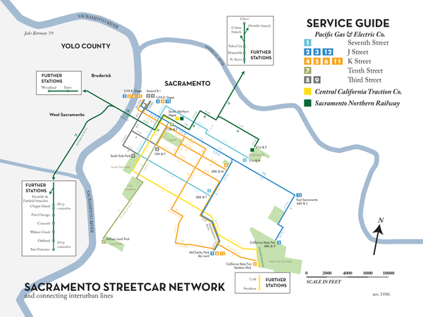 Sacramento streetcar system map, 1930