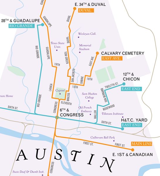 Austin, Texas streetcar system map, 1925