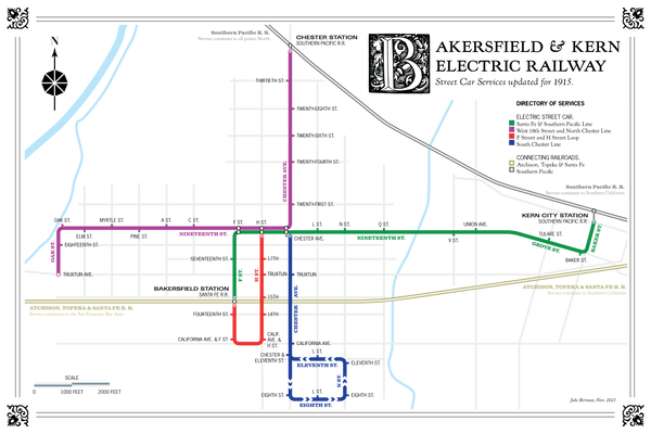 Bakersfield Electric Railway streetcar map, 1921