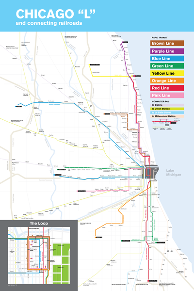 Chicago L and connecting railways map poster