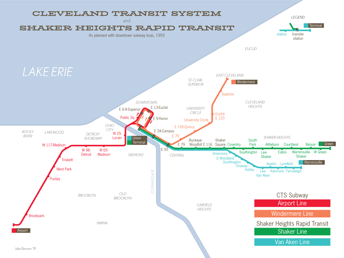 Cleveland proposed subway system map, 1955 53 Studio