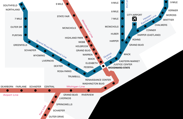 Detroit subway system map proposal, 1974
