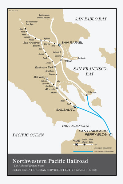 Marin County, CA streetcar system map, 1938