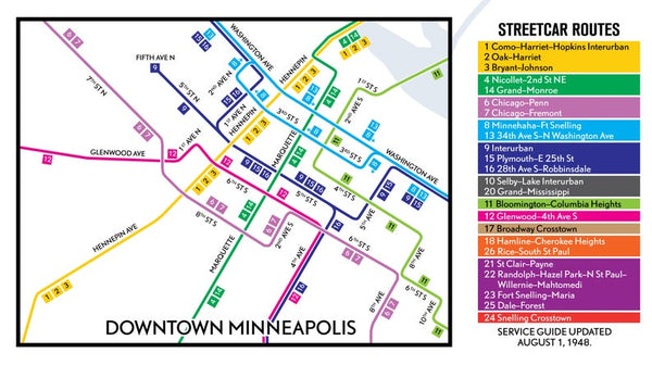 Twin City Rapid Transit map print, 1948