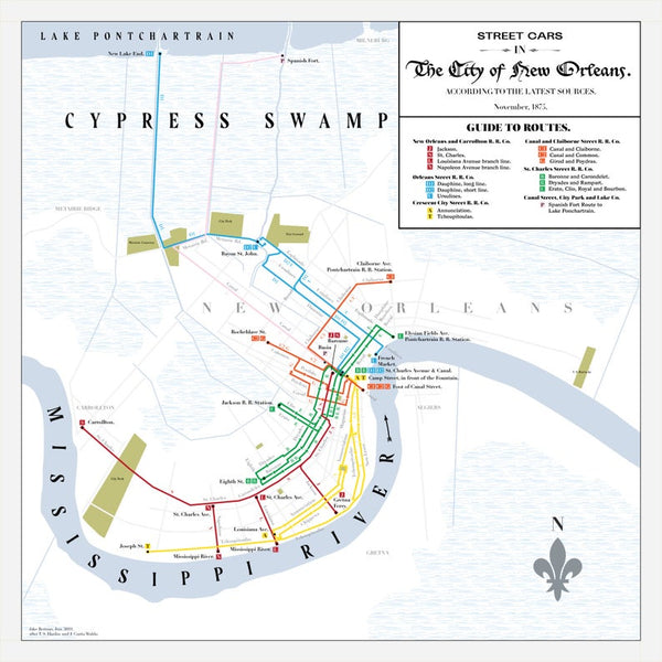 New Orleans streetcar system map print, 1875