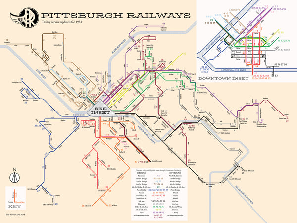 Pittsburgh streetcar system map, 1954