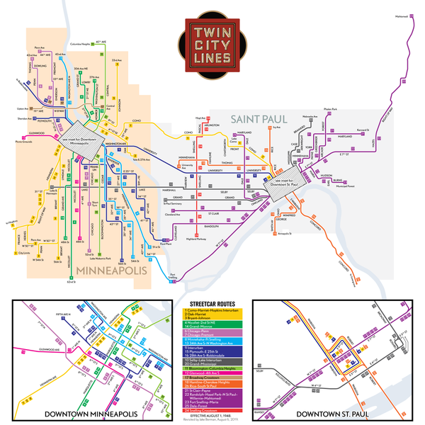 Twin City Rapid Transit map print, 1948