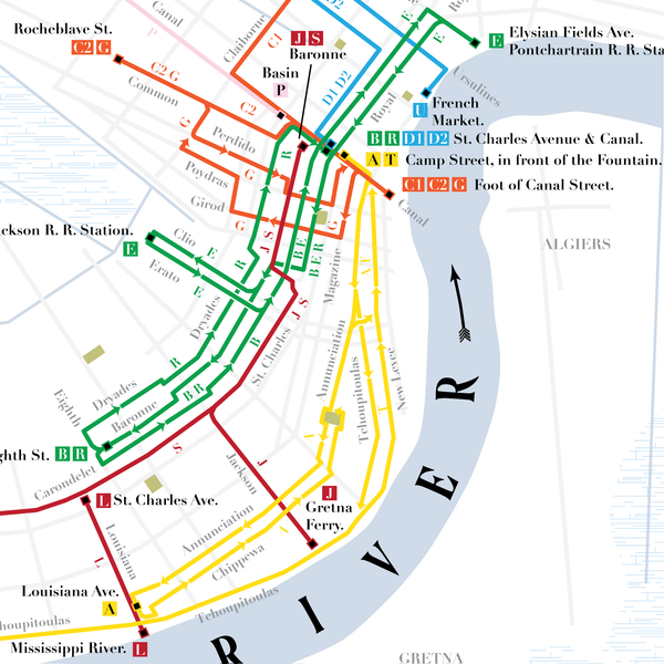 New Orleans streetcar system map print, 1875