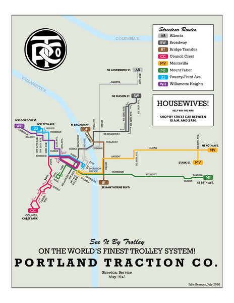 Portland Traction Co streetcar system map, 1943