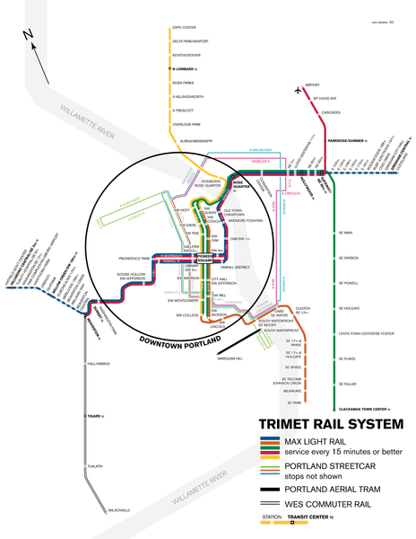 Portland MAX light rail, streetcar and aerial tram map