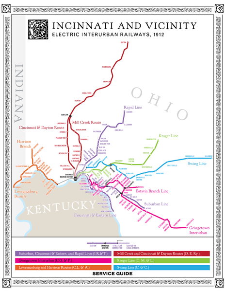 Cincinnati interurban light rail system map, 1912