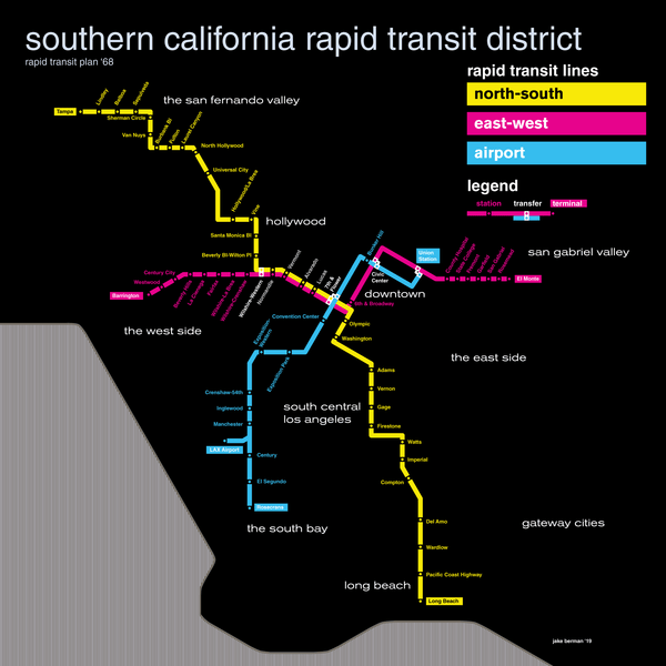 Los Angeles planned subway system map, 1968