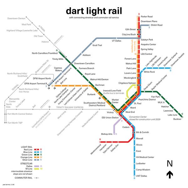 Dallas DART system and local streetcar service, 2026