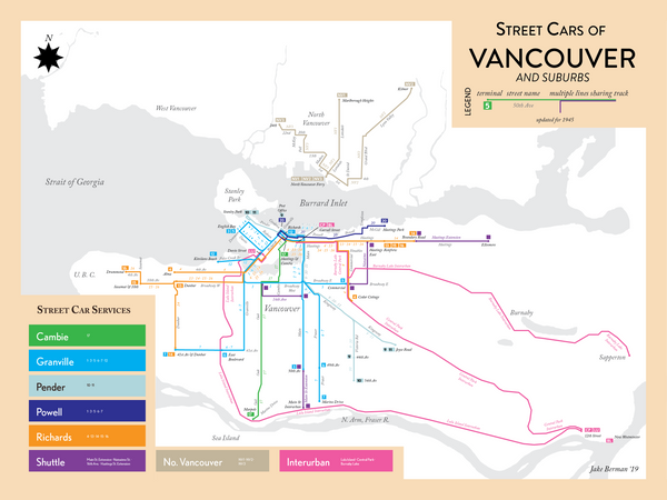 Vancouver, BC historical streetcar system map, 1945
