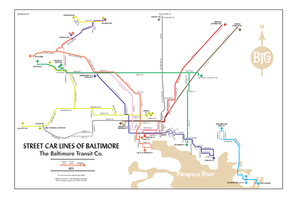 Baltimore Transit Co. streetcar system map, 1950