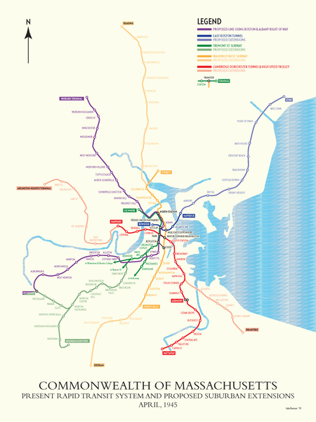 Boston Elevated Railway rapid transit map expansion print, April 1945