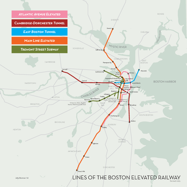Boston Elevated Railway rapid transit map, 1925