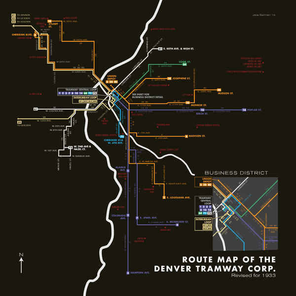 Denver Tramway Corporation system map, 1933