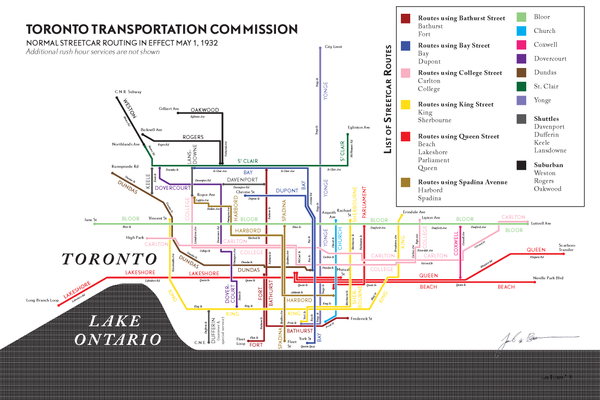 Toronto streetcar system map print, 1932