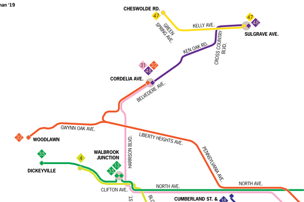 Baltimore Transit Co. streetcar system map, 1950