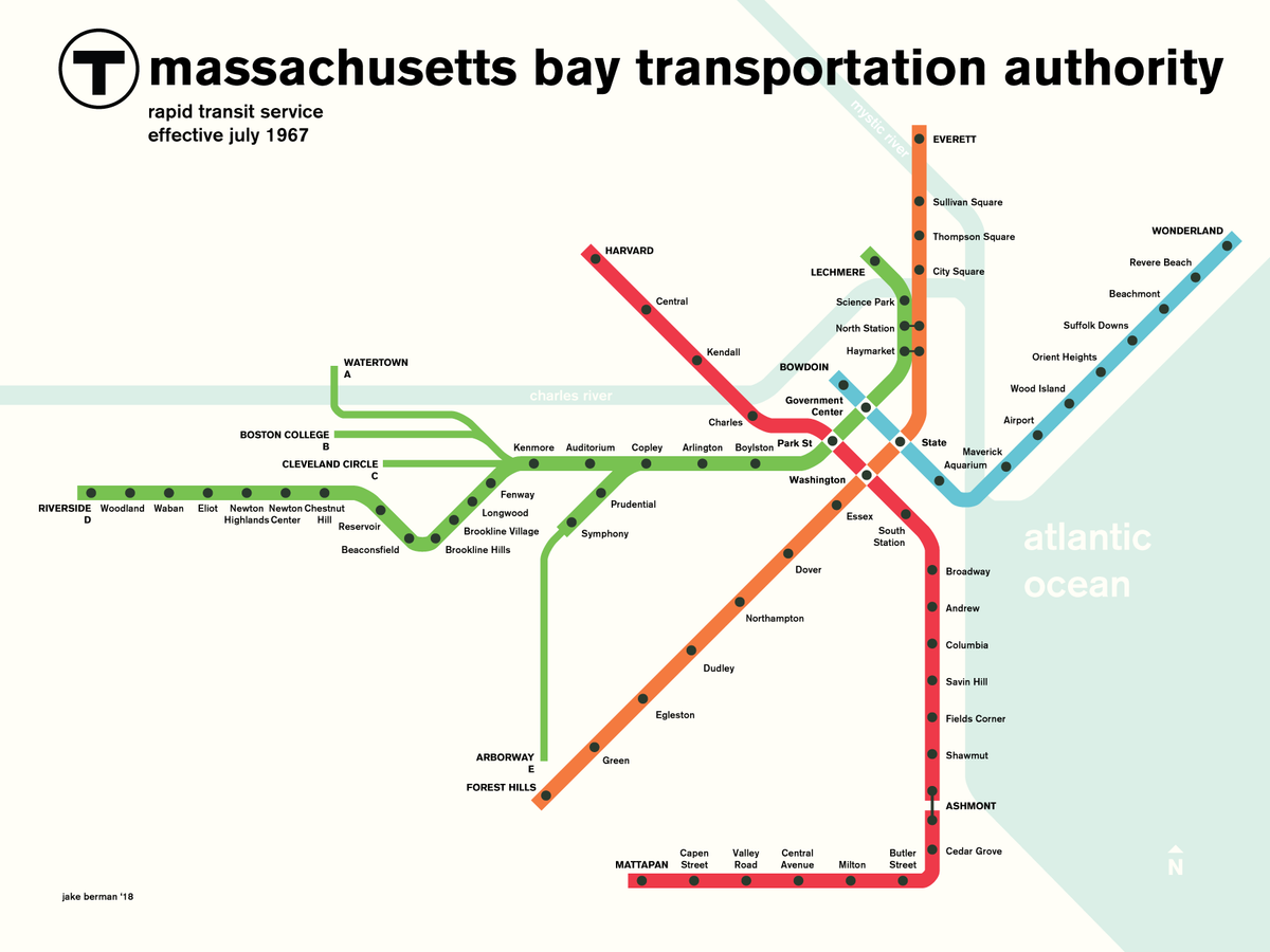 Boston MBTA rapid transit map print, July 1967 – 53 Studio