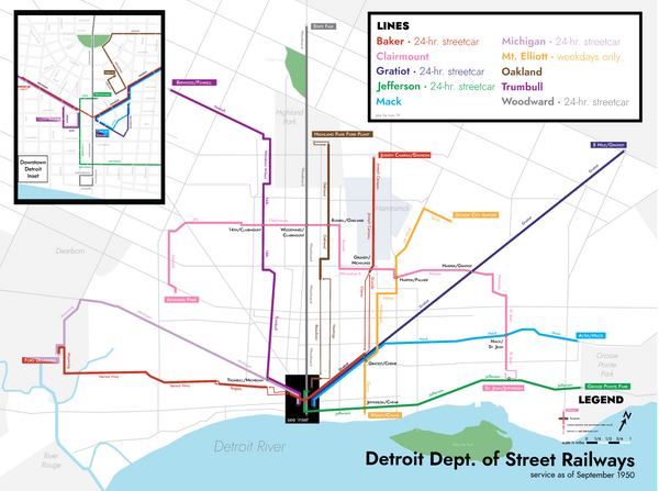 Detroit streetcar system map print, 1950