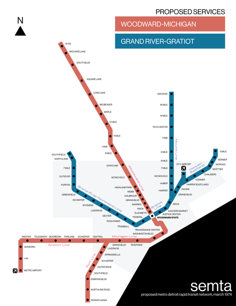 Detroit subway system map proposal, 1974