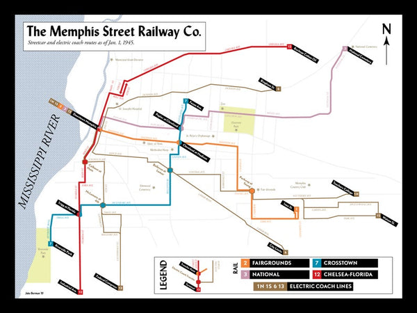 Memphis Street Railway Co. streetcar system map, January 1945