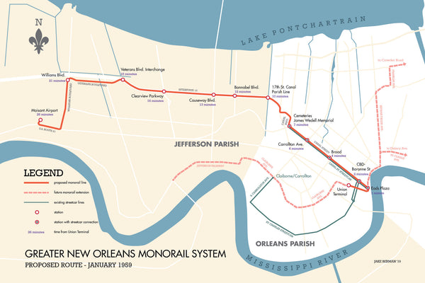 New Orleans proposed monorail system map print, 1959