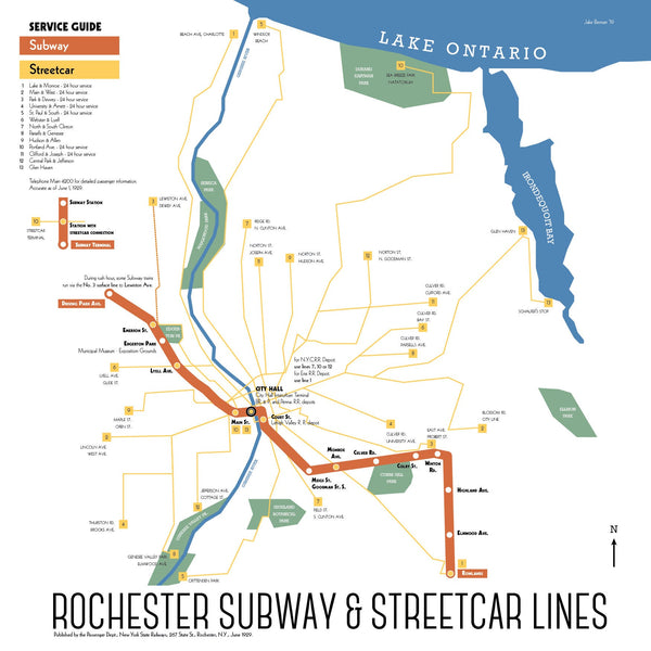 Rochester Subway map print, June 1929