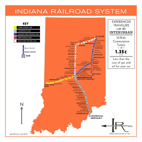 Indianapolis, Indiana light rail system map, 1936