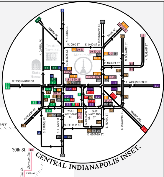 Indianapolis streetcar system and interurban light rail map, 1916