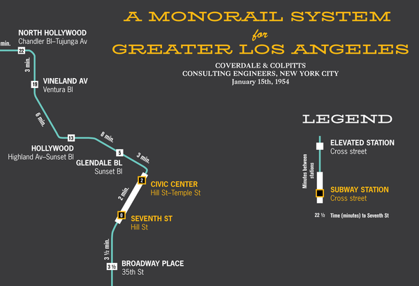 Los Angeles planned monorail map, 1954