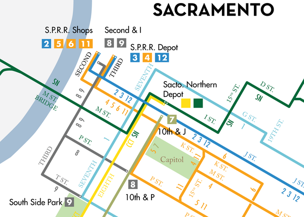 Sacramento streetcar system map, 1930