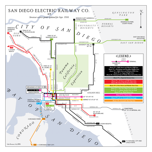 San Diego Electric Railway system map, 1918