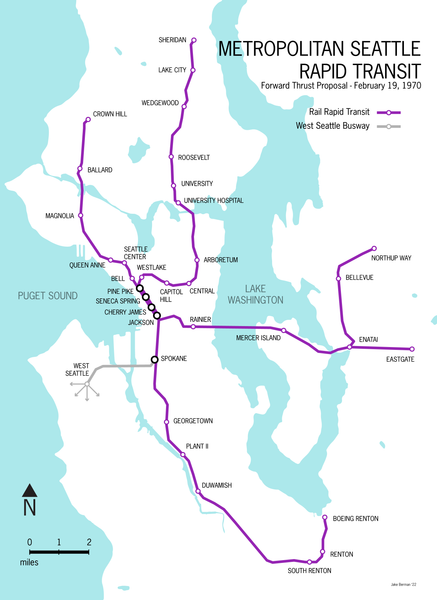 Seattle Metropolitan Rapid Transit map proposal, 1970