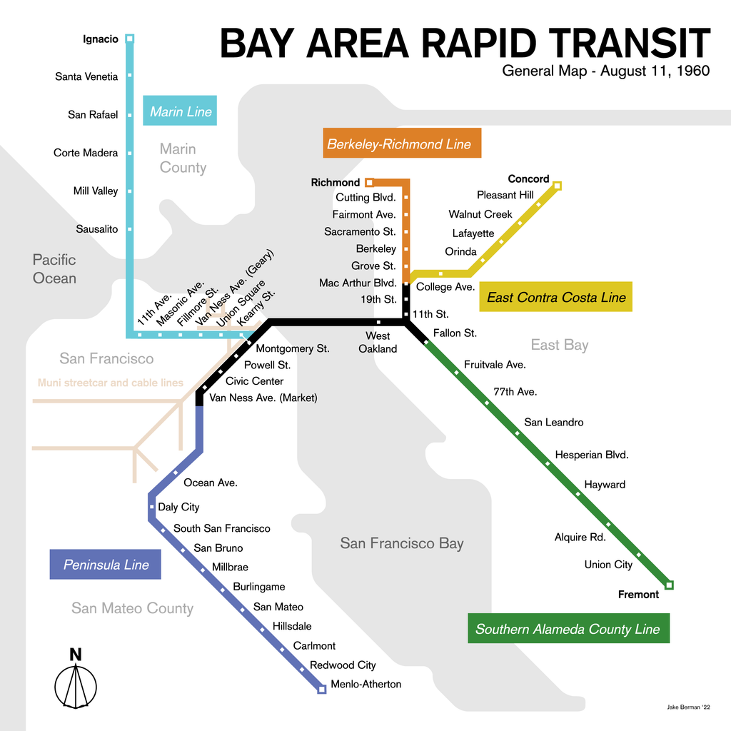 San Francisco proposed BART system map, 1960 – 53 Studio