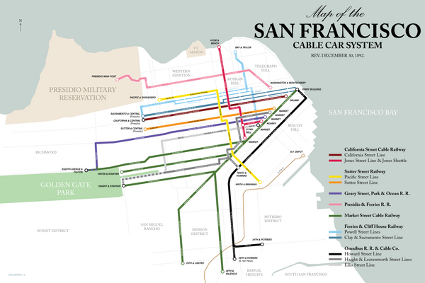 San Francisco cable car system map, 1892