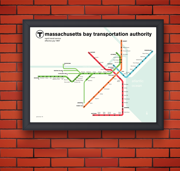 Boston MBTA rapid transit map print, July 1967
