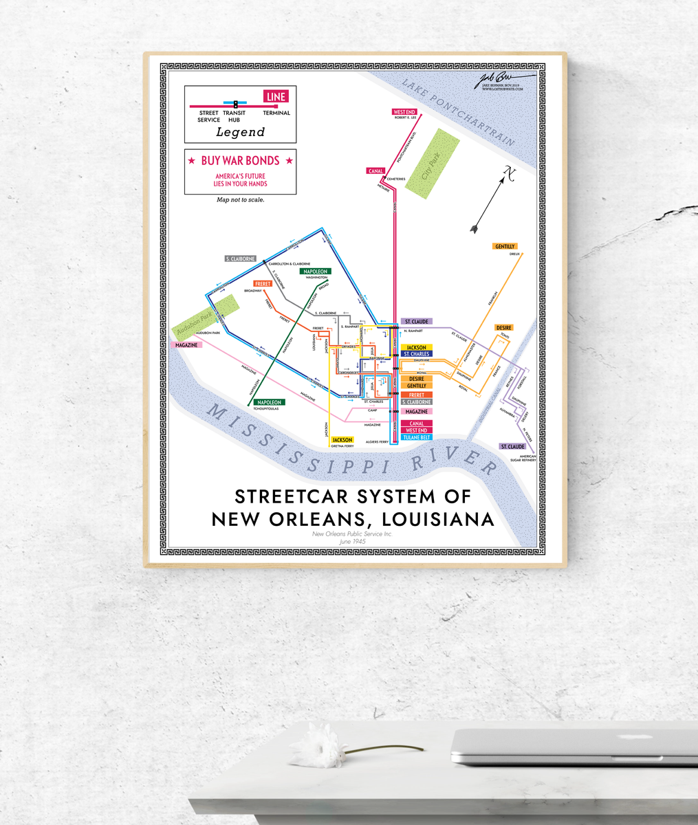 New Orleans streetcar system map print, 1945 53 Studio