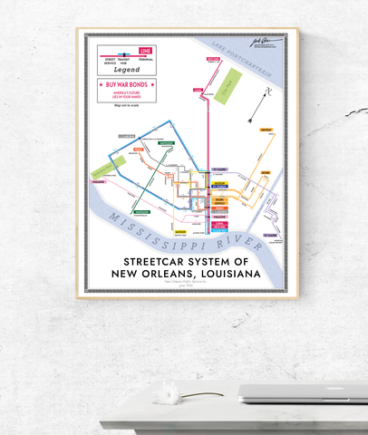New Orleans streetcar system map print, 1945