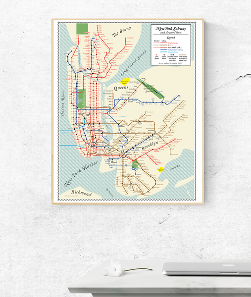 New York City Subway map print, 1939