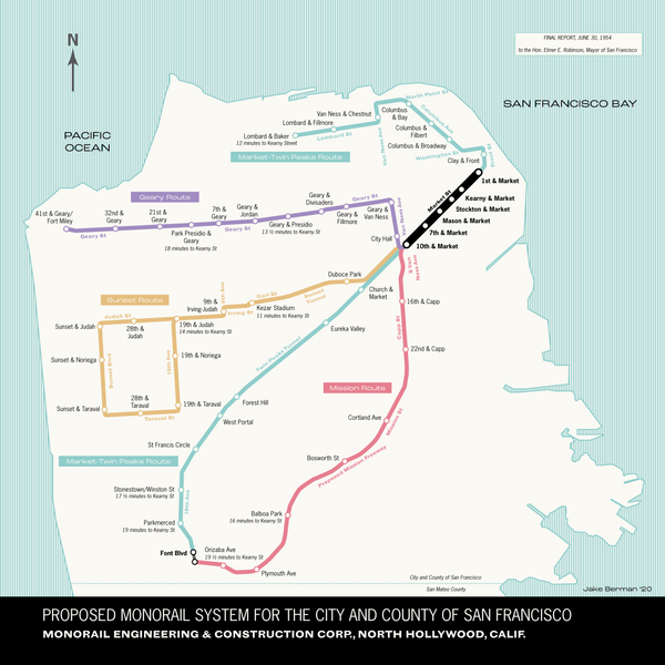 San Francisco planned monorail map, 1954